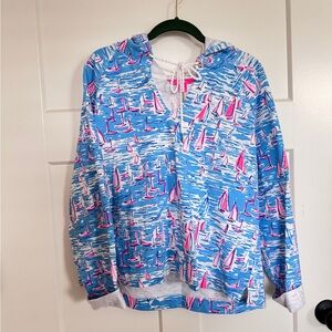 Lilly Pulitzer Kiawah Cropped Hoodie in the "Zanzibar Blue Boatylicious" print